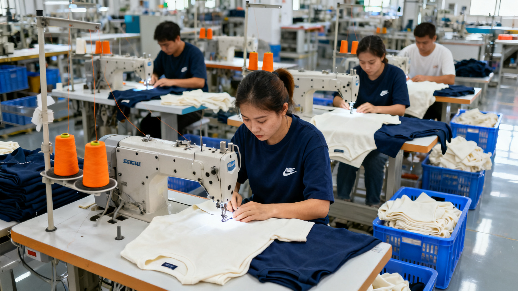 Sewing line with operators stitching small batches of heavyweight streetwear t-shirts in navy and off-white with orange thread cones