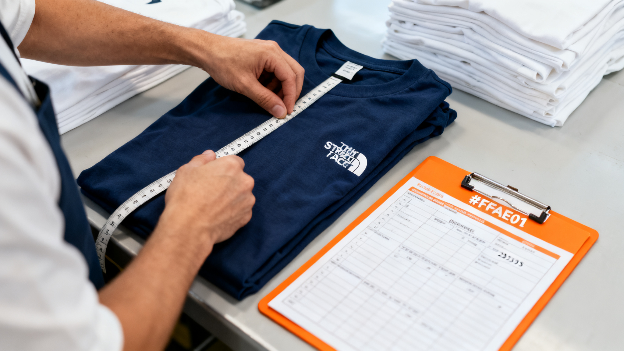 Quality control technician measuring a finished streetwear t-shirt with an orange inspection checklist and navy garments stacked nearby