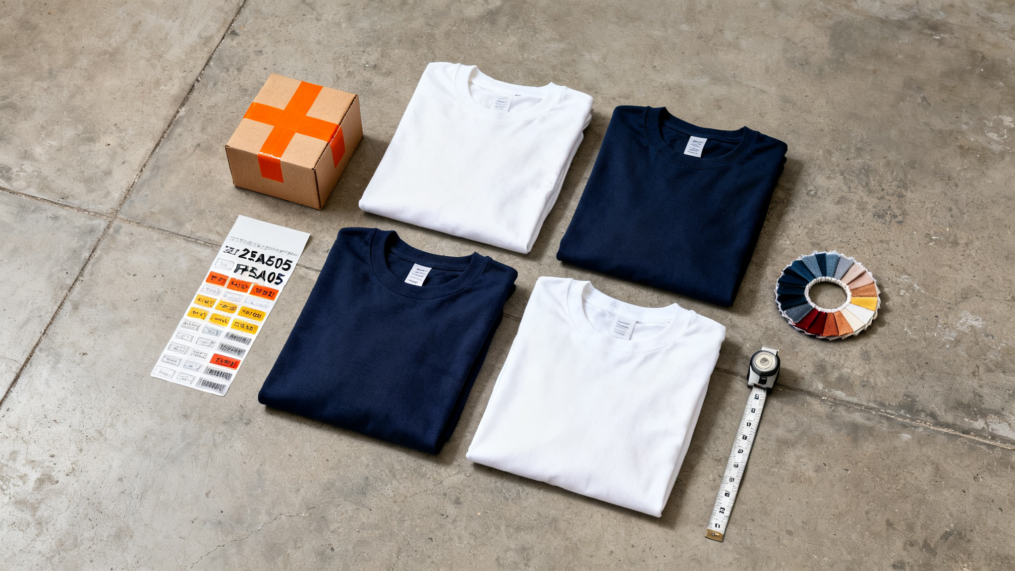 Flat lay of a startup brand's first small production order with folded t-shirts a carton orange packing tape and a fabric swatch ring