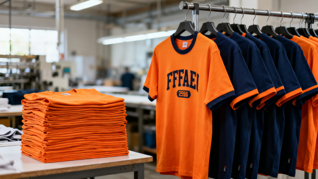 Blank t-shirts and custom printed streetwear tees side by side in a factory showroom