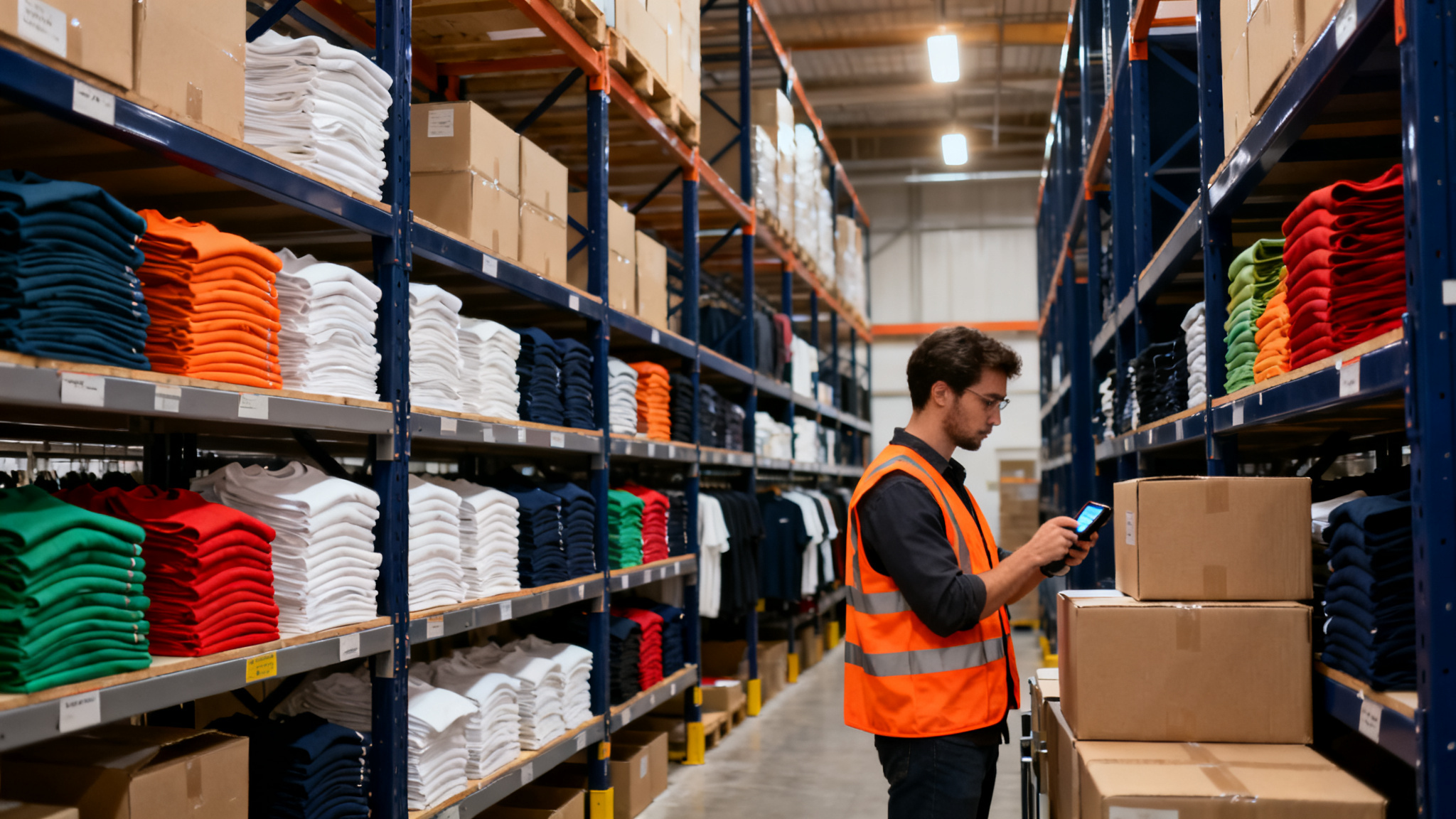 Warehouse shelves stacked with folded plain blank t-shirts in many colors