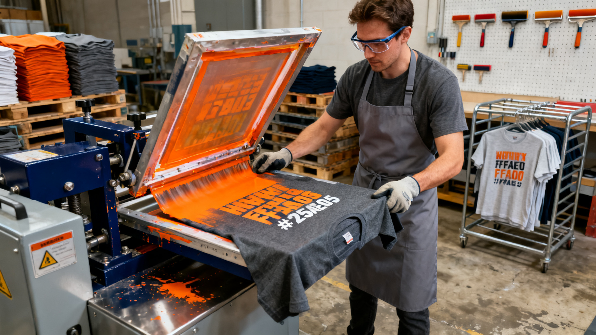 Screen printing station applying a custom graphic to a heavyweight T-shirt in the Adiwe factory