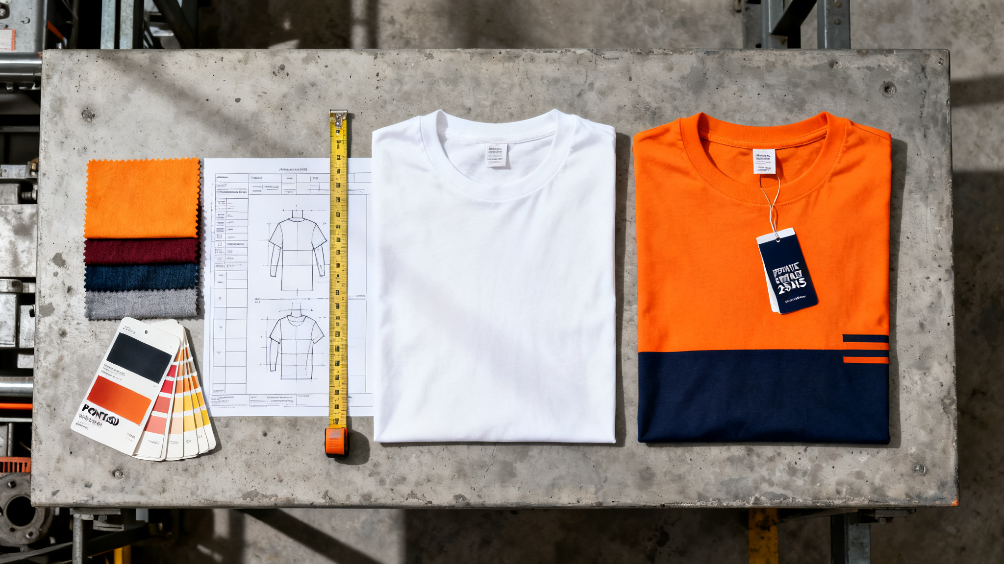 Flat lay of fabric swatches, color cards, a tech pack and blank versus custom t-shirts