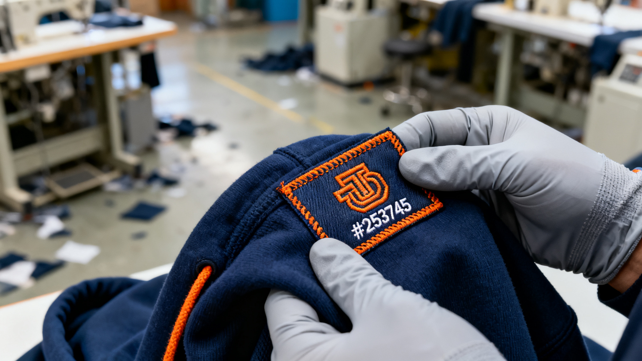 Quality inspector checking a custom woven brand label on a navy hoodie