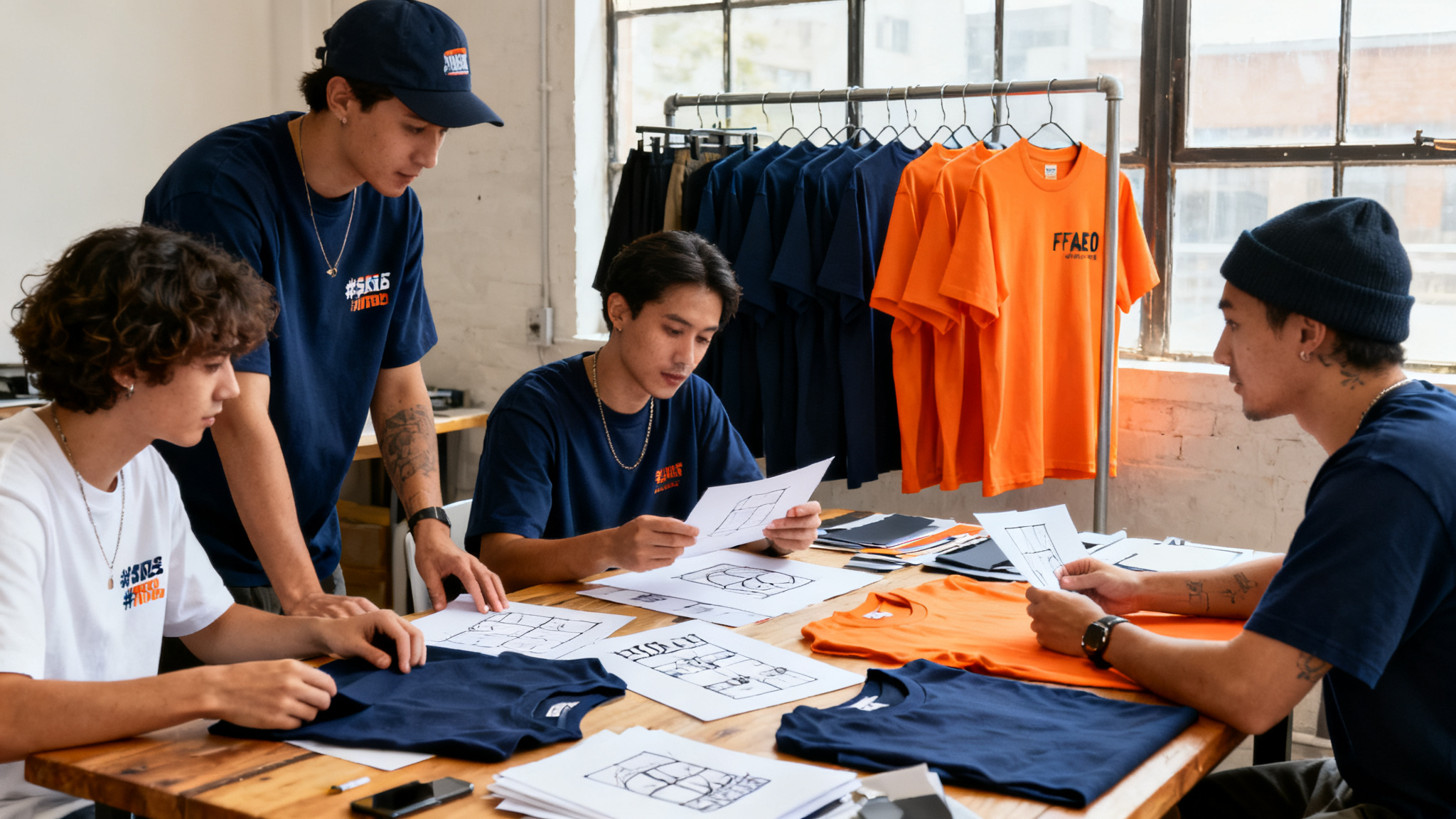 Streetwear brand team reviewing t-shirt samples and design sketches in a studio