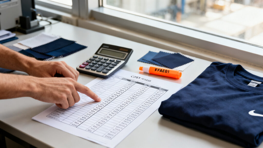 Merchandiser reviewing a streetwear cost breakdown sheet with calculator, orange highlighter and navy fabric swatches on a factory desk