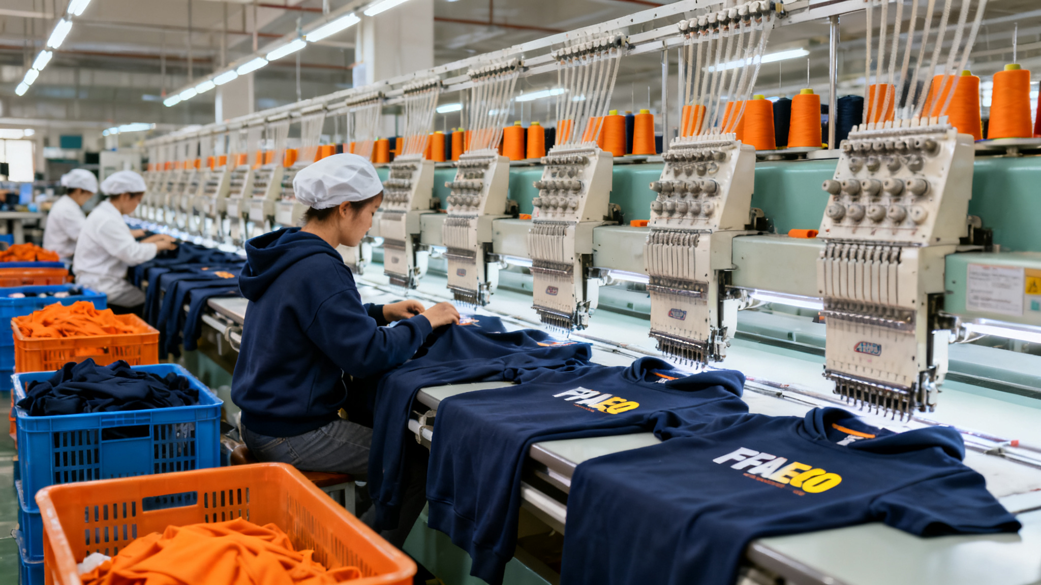 Rows of industrial sewing machines producing navy hoodies and t-shirts on a streetwear factory floor with orange thread cones