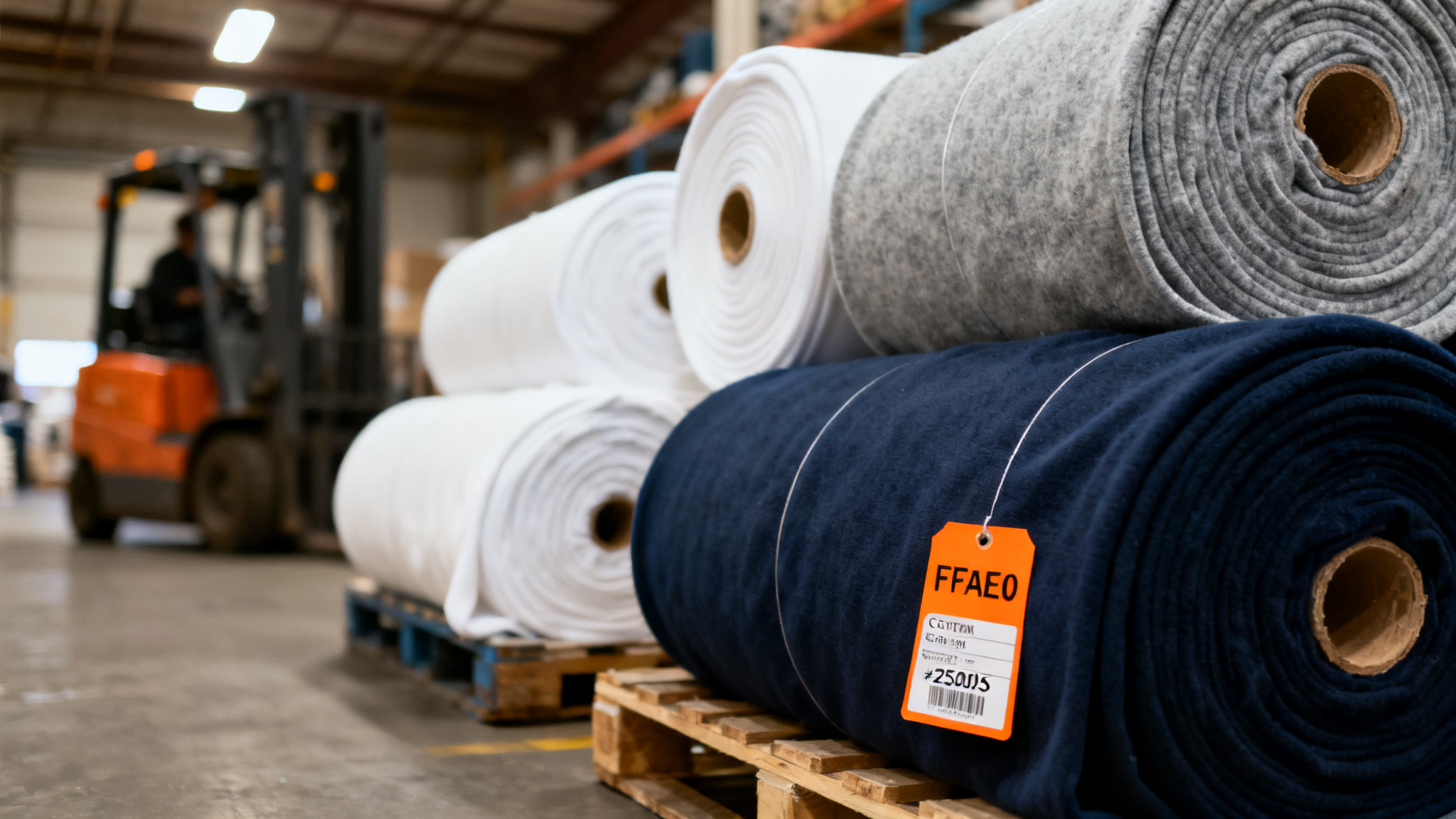 Stacked rolls of cotton jersey and fleece fabric in white, grey and navy with orange inventory labels in a fabric warehouse