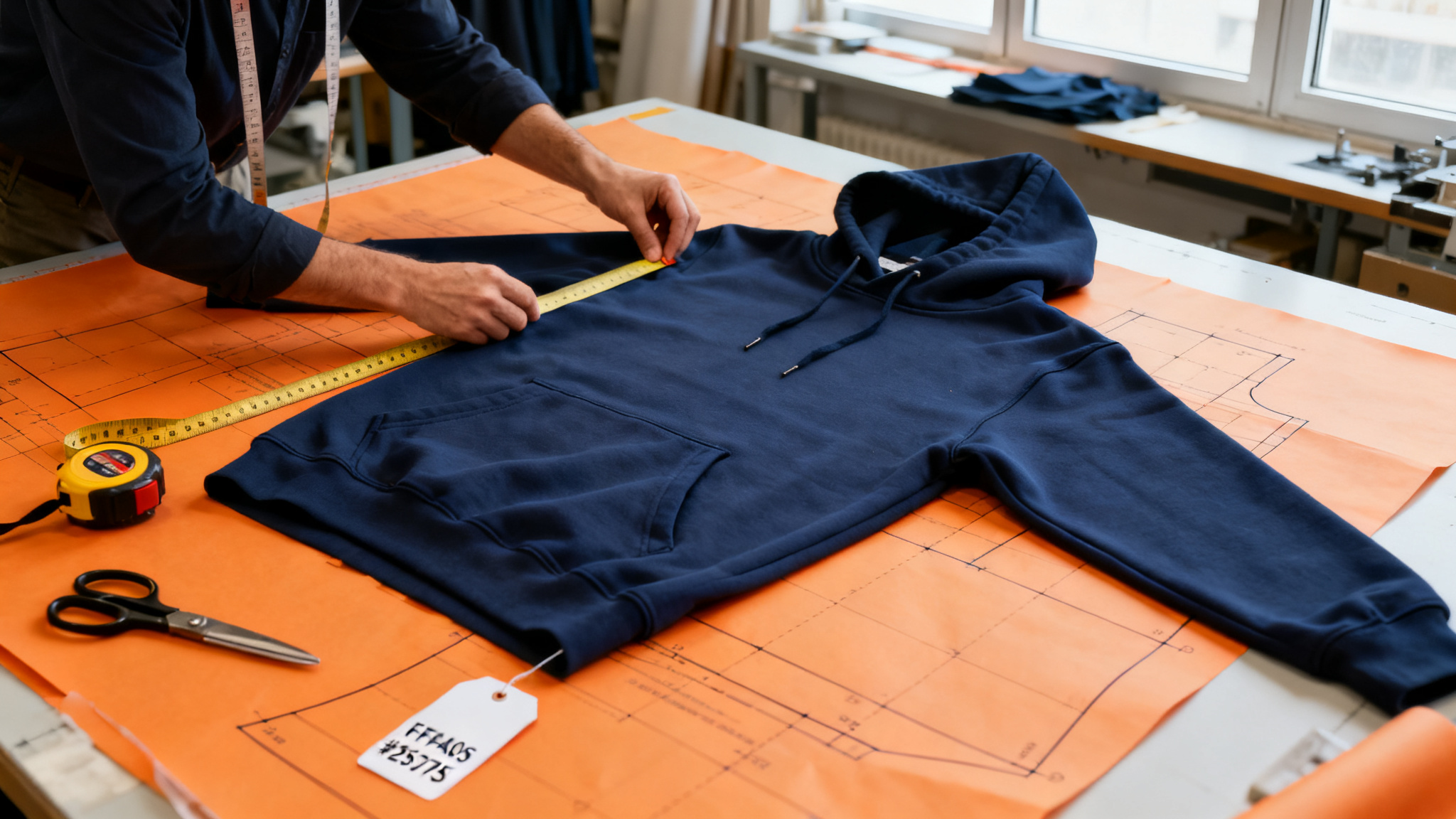 Pattern maker measuring a navy hoodie sample on a cutting table with orange pattern paper and tape measure in a sampling room