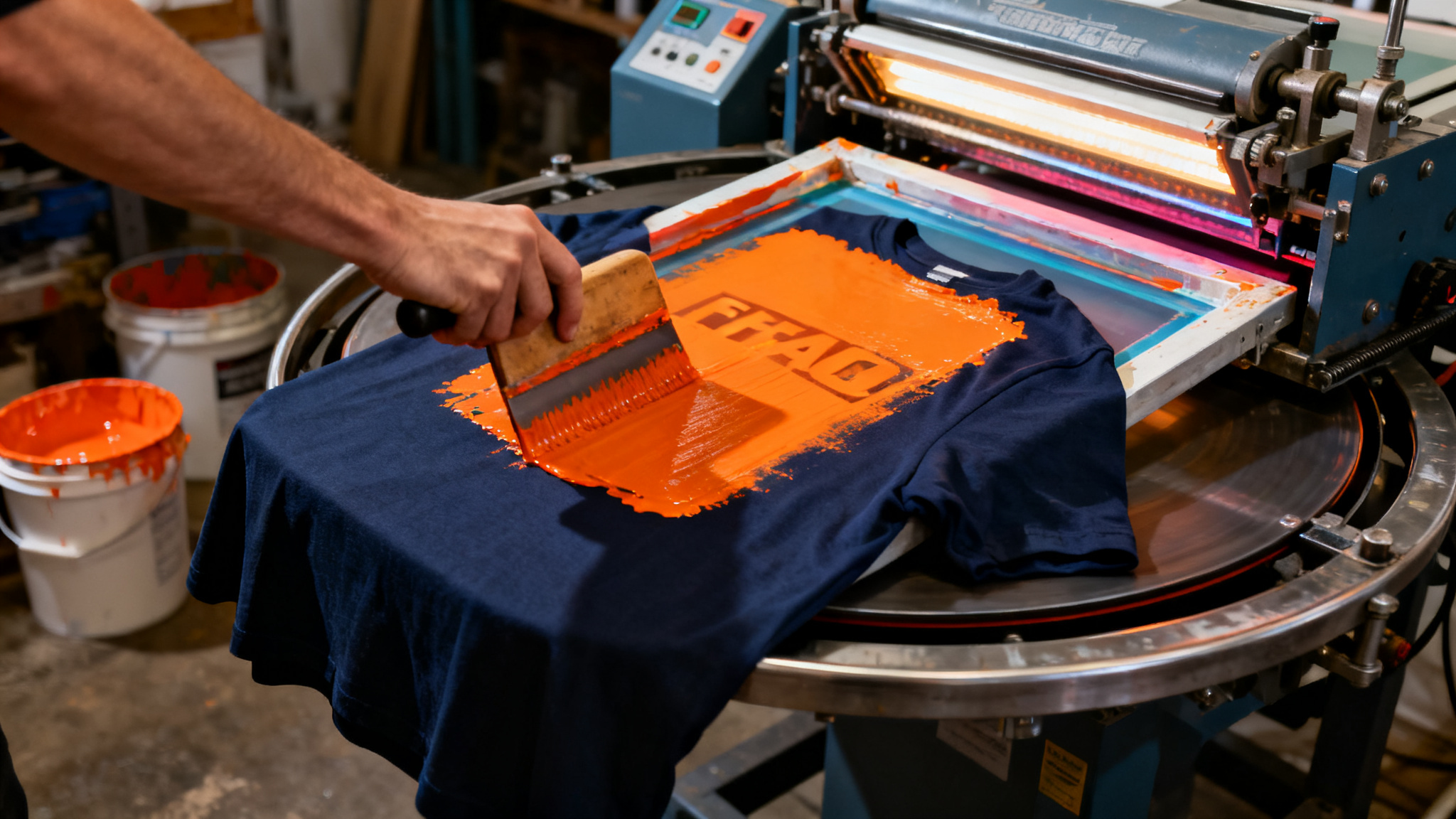 Screen printing press applying orange ink to a navy streetwear t-shirt with squeegee and ink buckets in a print shop