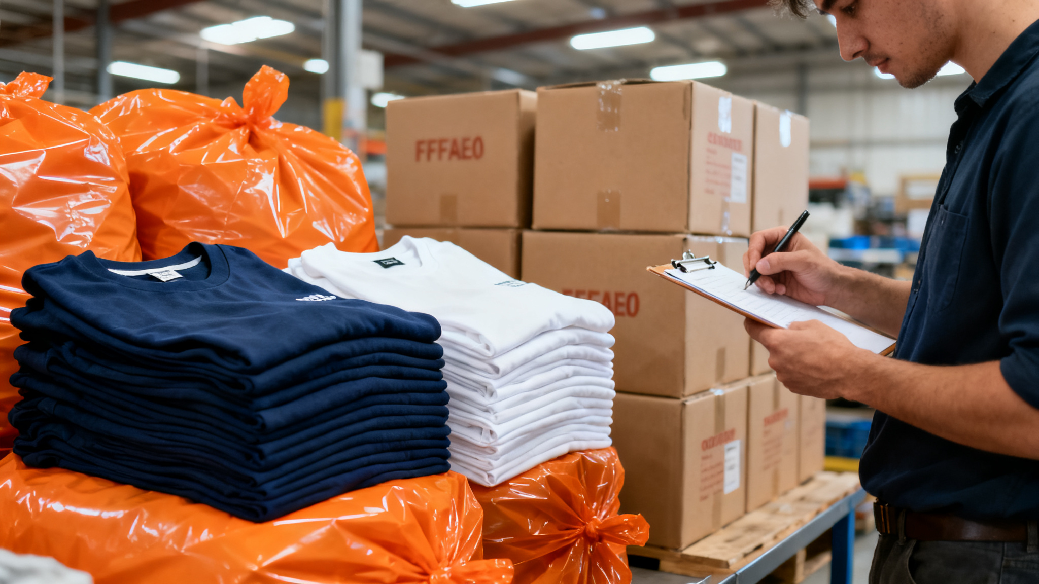 Folded navy and white streetwear t-shirts beside orange poly bags and export cartons in a packing and inspection area