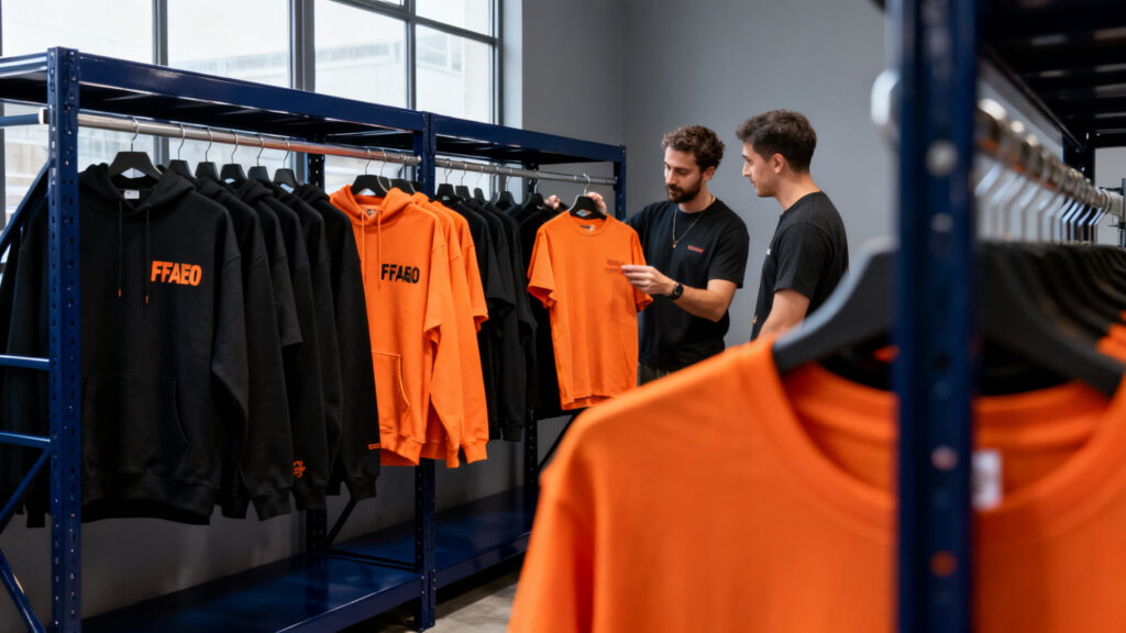 Brand founder reviewing finished streetwear garments on a rack with a factory representative in a modern showroom