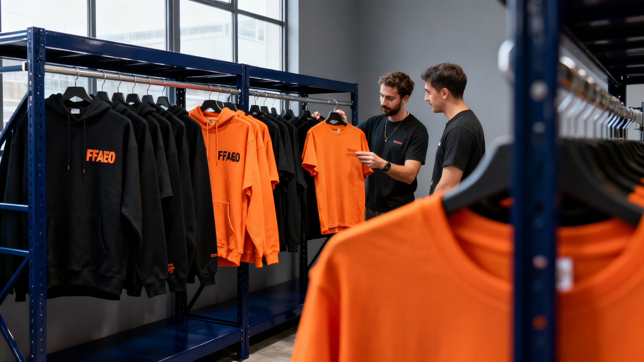 Brand founder reviewing finished streetwear garments on a rack with a factory representative in a modern showroom