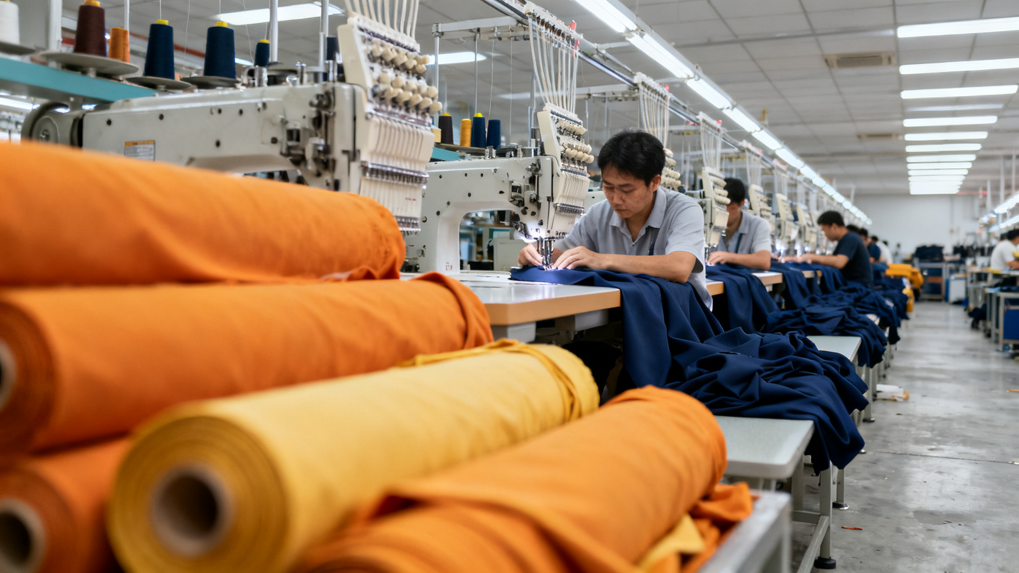 Garment factory production floor with rows of sewing machines stitching navy fabric and rolls of orange cloth