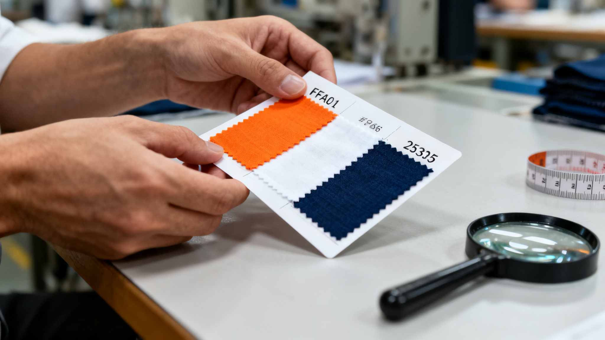 Hands comparing cotton fabric swatch cards in orange white and navy on a factory work table with a loupe and tape