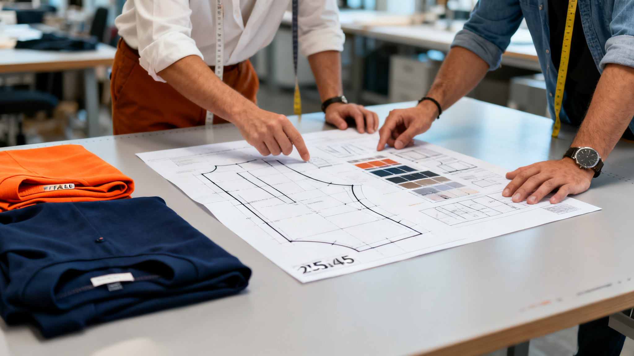 Designer and factory technician reviewing a printed tech pack and pattern on a cutting table with orange and navy samples