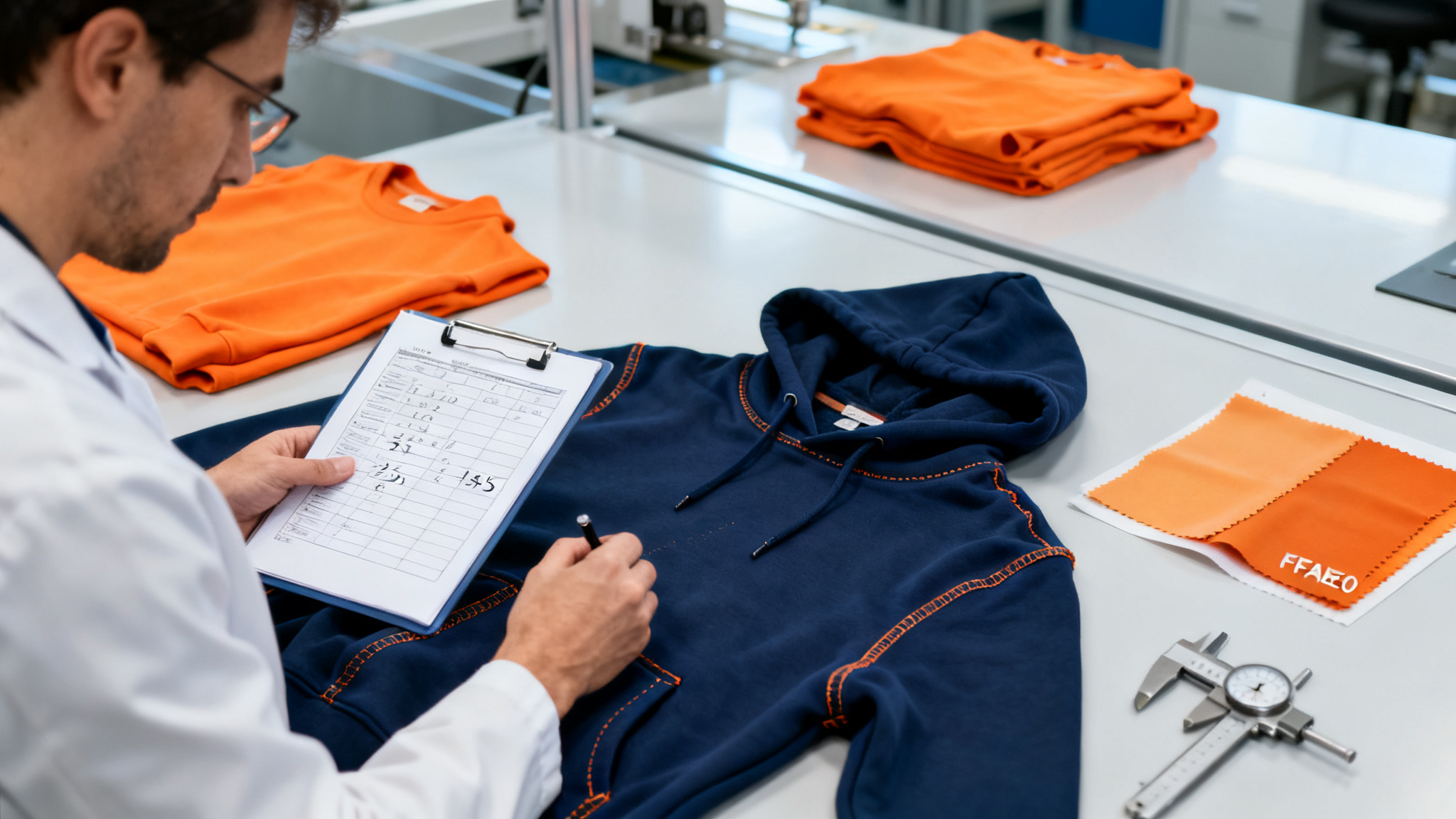 Quality control inspector checking stitching and seams on a navy hoodie with a checklist at a bright inspection station