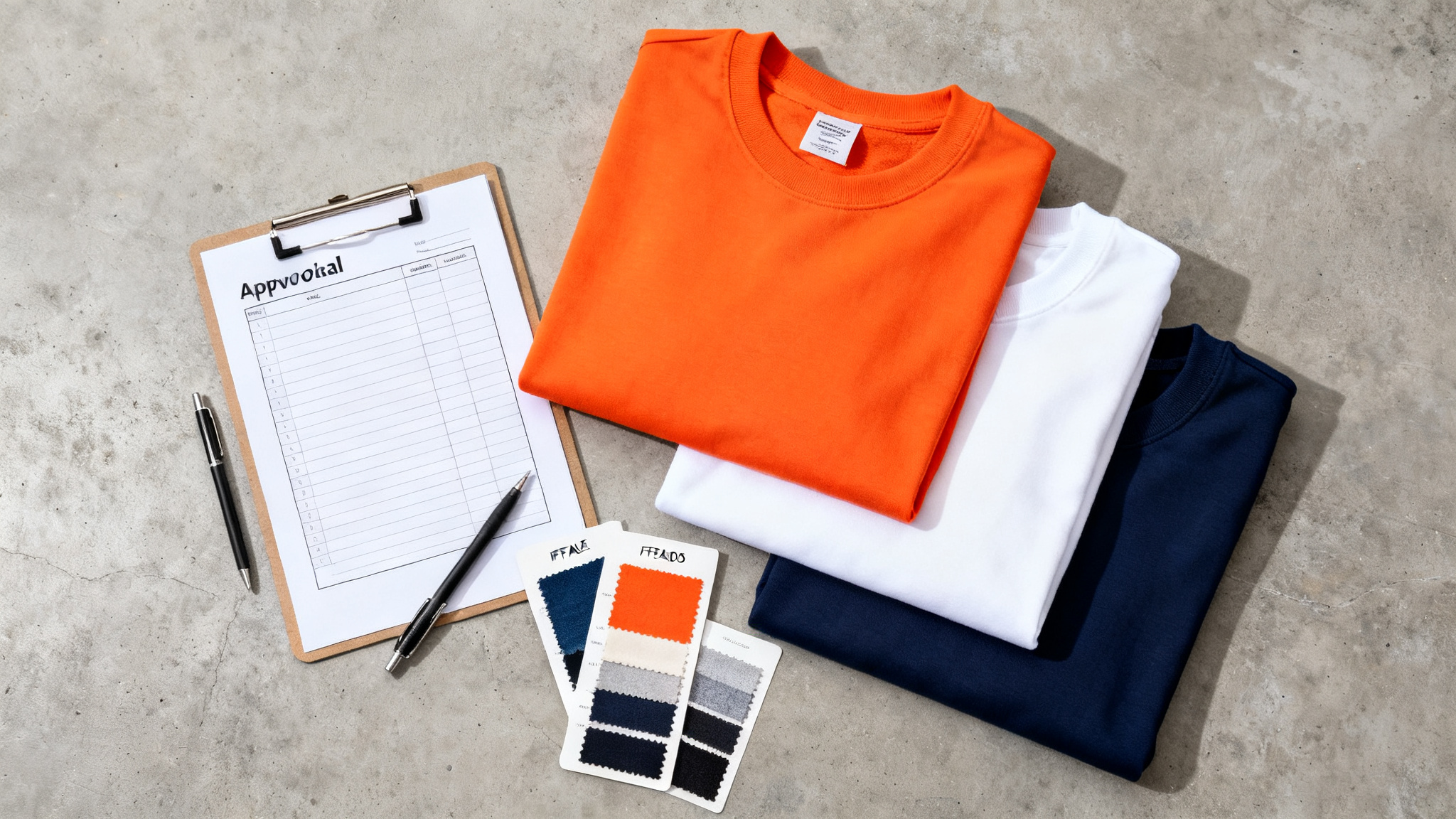 Flat lay of orange white and navy streetwear samples with an approval checklist and fabric swatch cards on a concrete surface