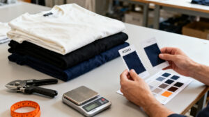 Garment technician comparing oversized t-shirt fabric swatches beside a GSM cutter and digital scale in orange and navy