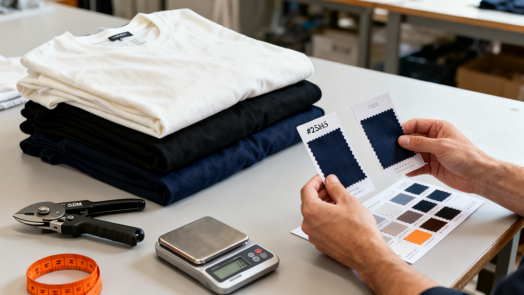 Garment technician comparing oversized t-shirt fabric swatches beside a GSM cutter and digital scale in orange and navy