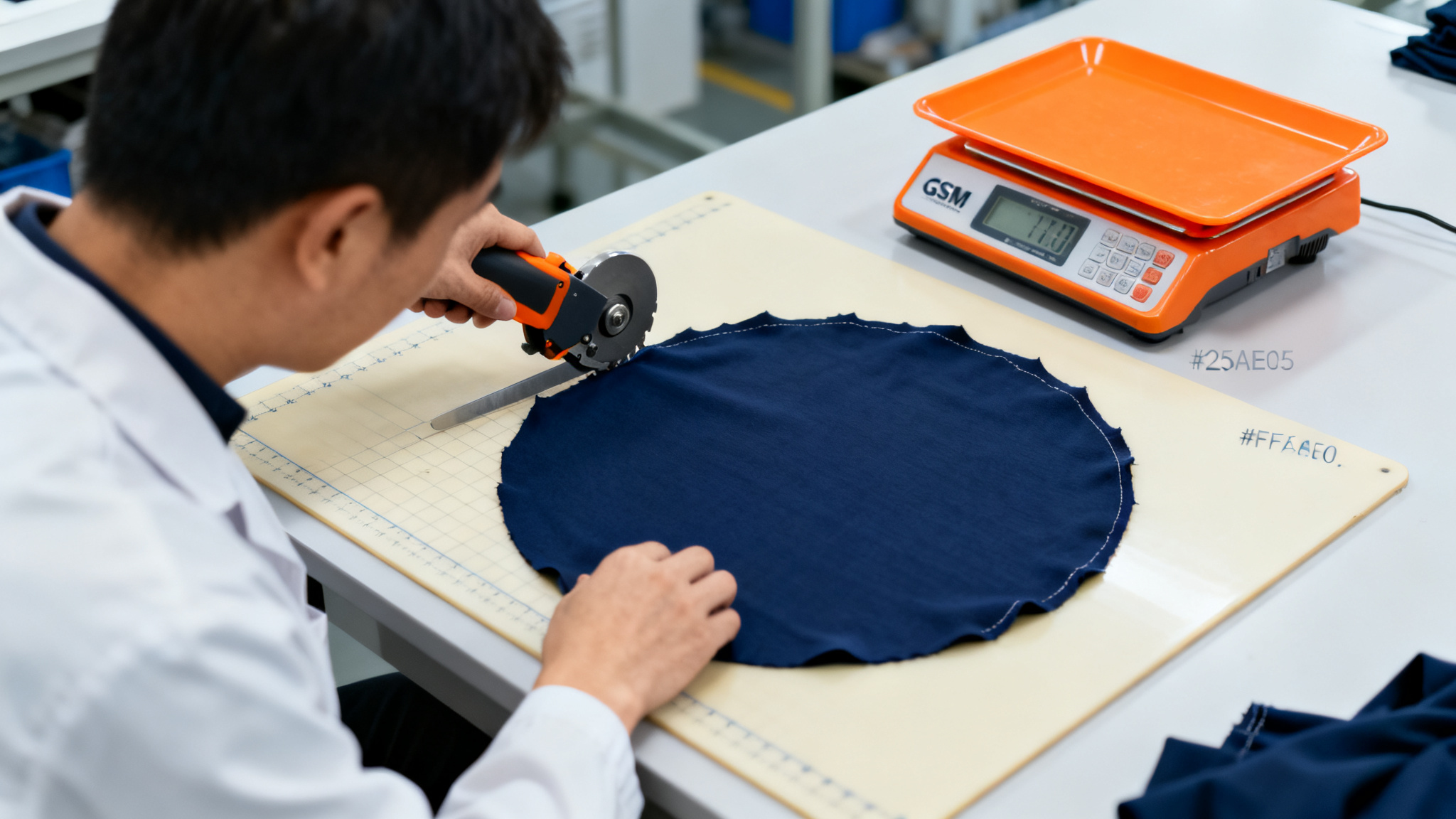 Technician cutting a circular navy cotton jersey sample with a GSM cutter on a cutting board in a textile lab