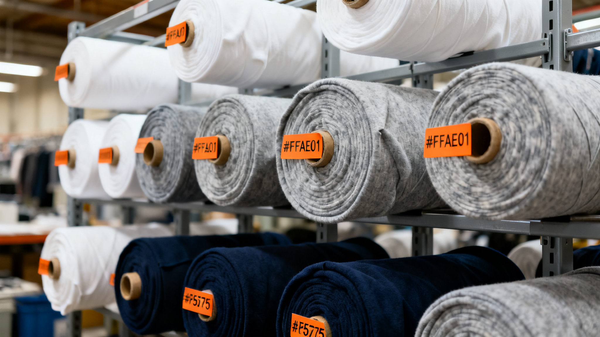 Rolls of heavyweight cotton jersey fabric in white, grey and deep navy on steel racks in an apparel factory