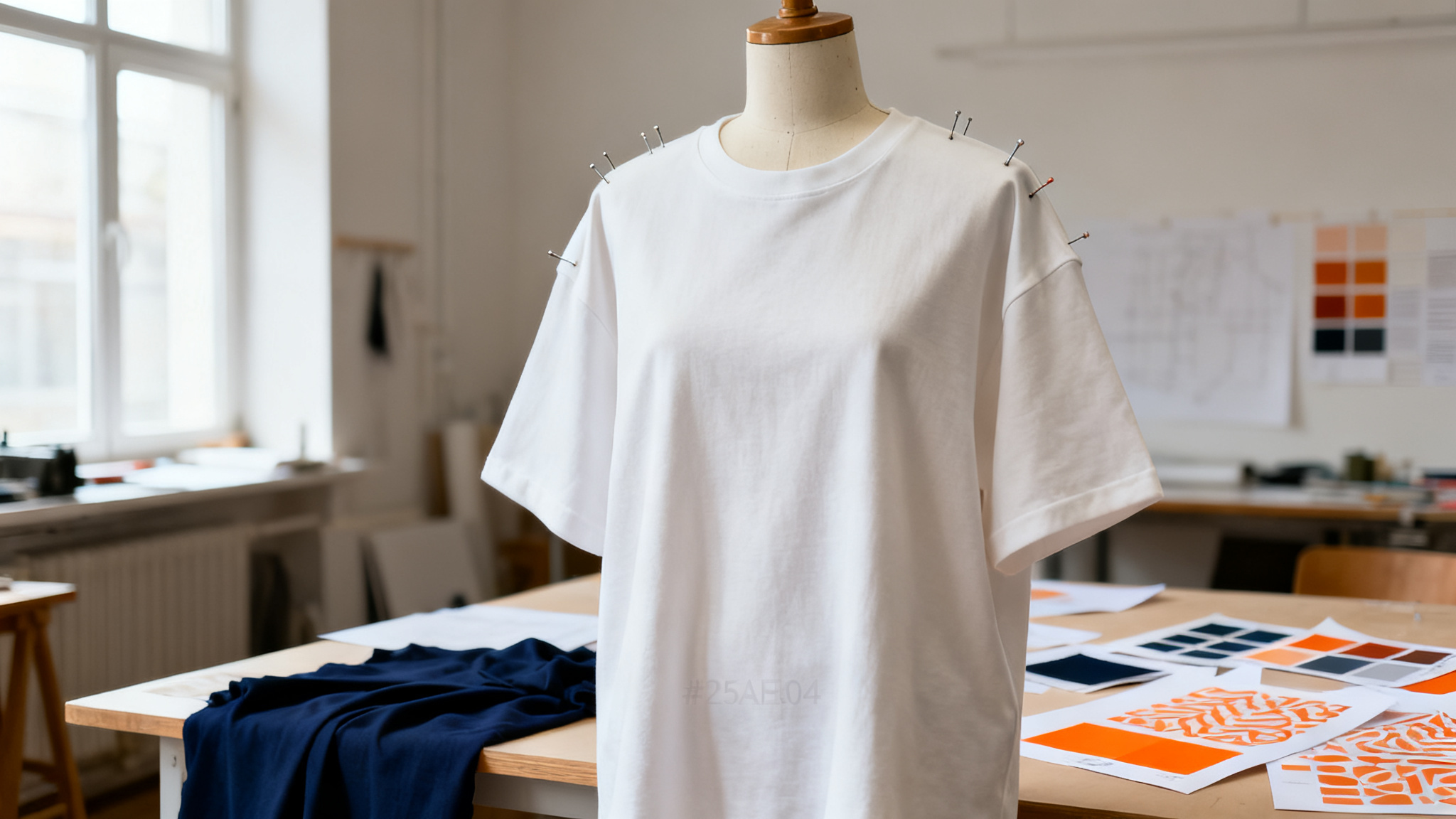 Oversized off-white heavyweight t-shirt pinned on a dress form in a design studio with navy swatches and orange pattern paper