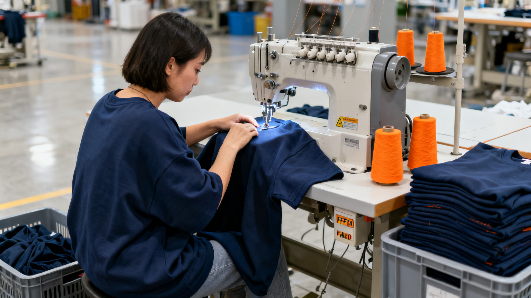 Operator sewing heavyweight navy oversized t-shirts on an industrial overlock machine with orange thread cones