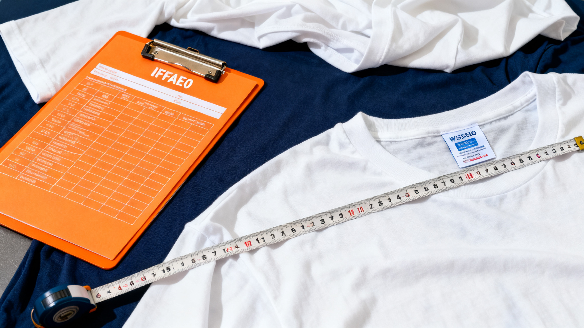Quality control station with laundered oversized t-shirts being measured by tape measure beside an orange inspection sheet