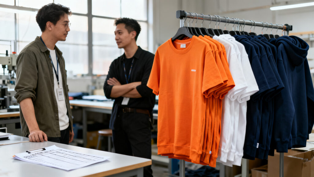 Designer and production manager reviewing a rack of orange white and navy streetwear samples in a factory sample room