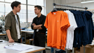 Designer and production manager reviewing a rack of orange white and navy streetwear samples in a factory sample room