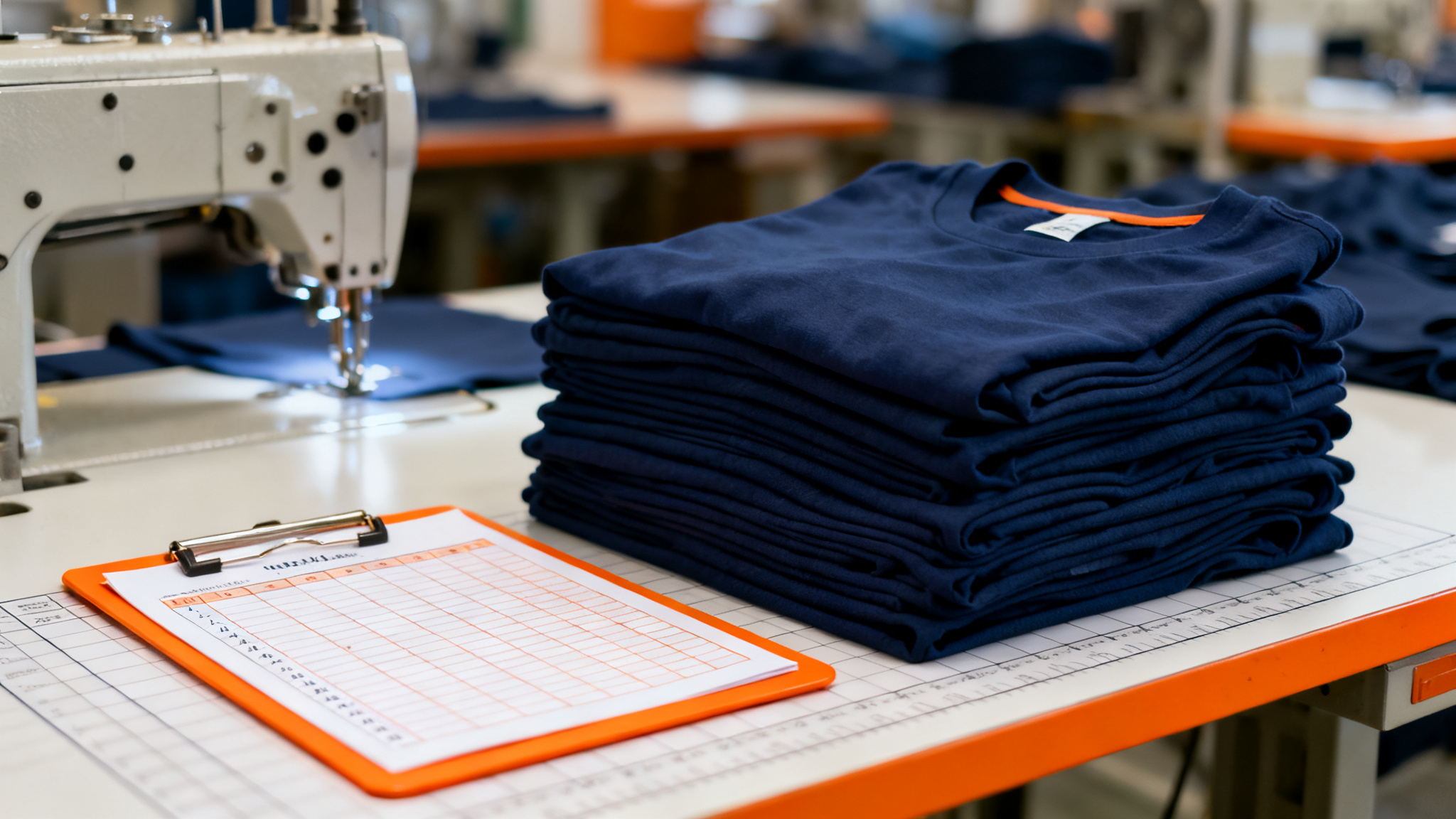 Navy t-shirts counted in small batches on a factory planning table with an orange tally sheet