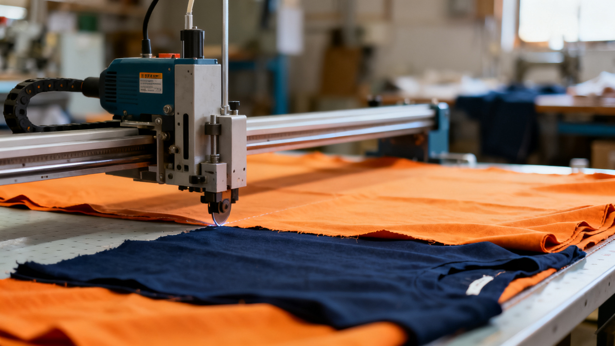 Electric fabric cutting machine cutting orange and navy cotton layers on a small-batch factory cutting table
