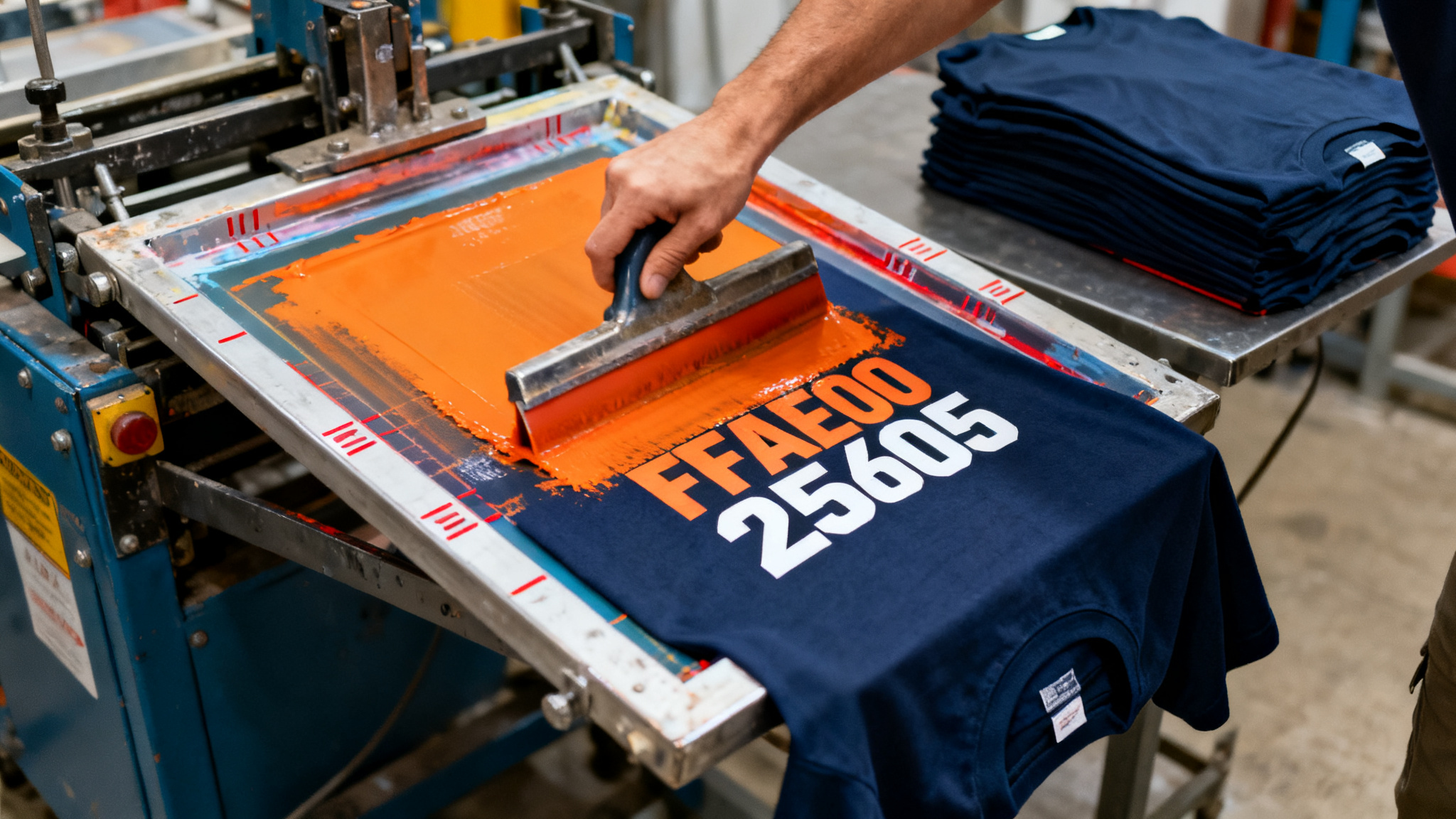 Screen printing station pressing orange ink onto a navy t-shirt with a stack of blanks in a streetwear factory