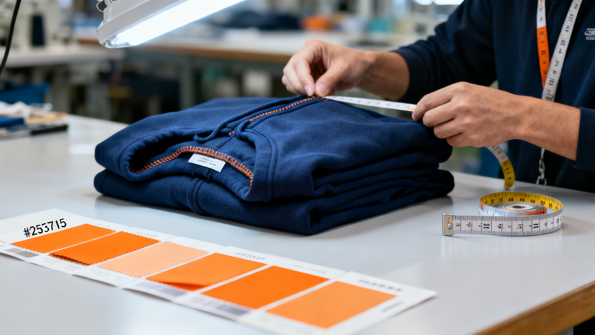Quality control technician checking stitching on a navy hoodie with orange sample swatches on a factory bench