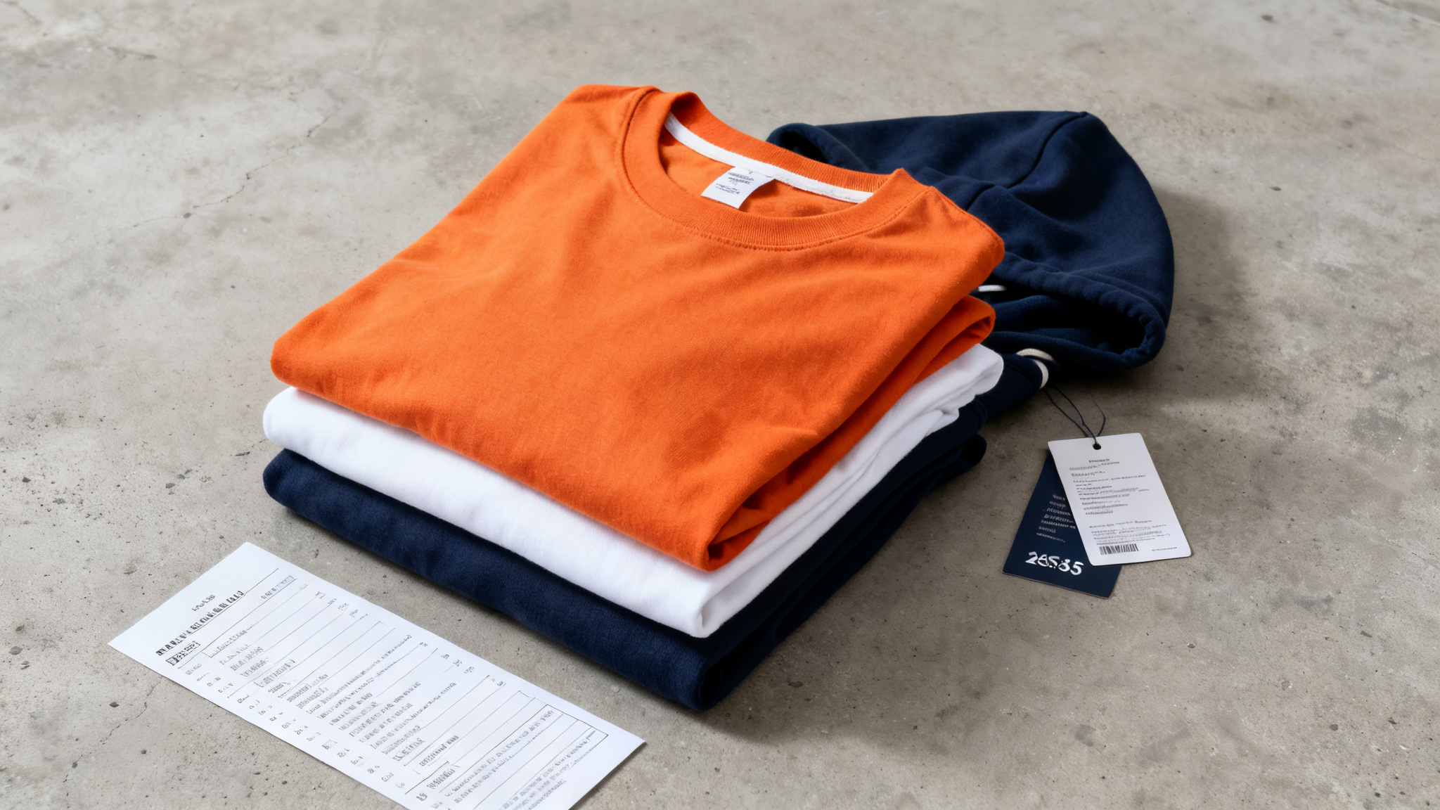 Flat lay of a small production run of orange white and navy streetwear with a packing list and garment tags